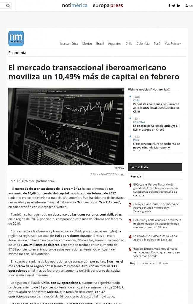 El mercado transaccional iberoamericano moviliza un 10,49% ms de capital en febrero